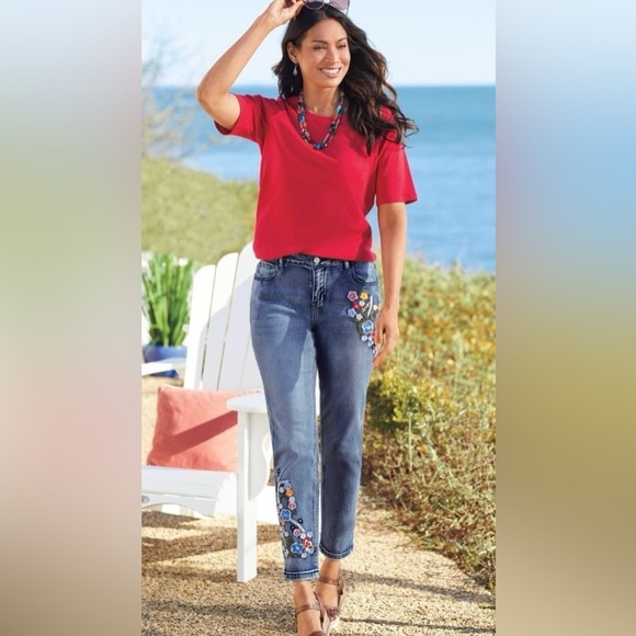 NorthStyle Blue Ankle Cropped Jeans with Embroidery - Picture 2 of 6